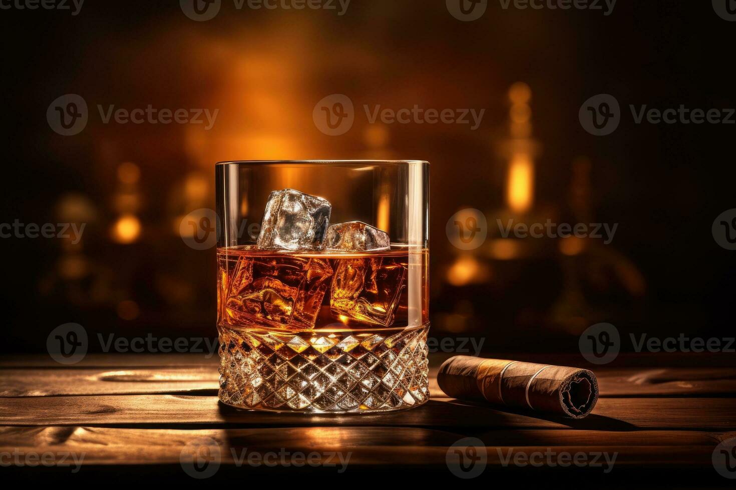 Whiskey Glas und Zigarre auf hölzern Tabelle foto