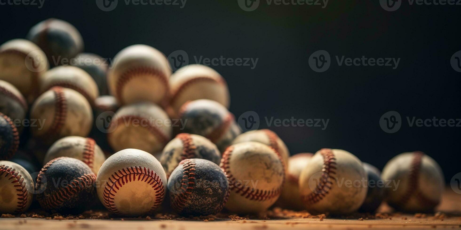 generativ ai, Rau und robust Textur von alt Baseball Bälle schließen oben auf Jahrgang Hintergrund foto