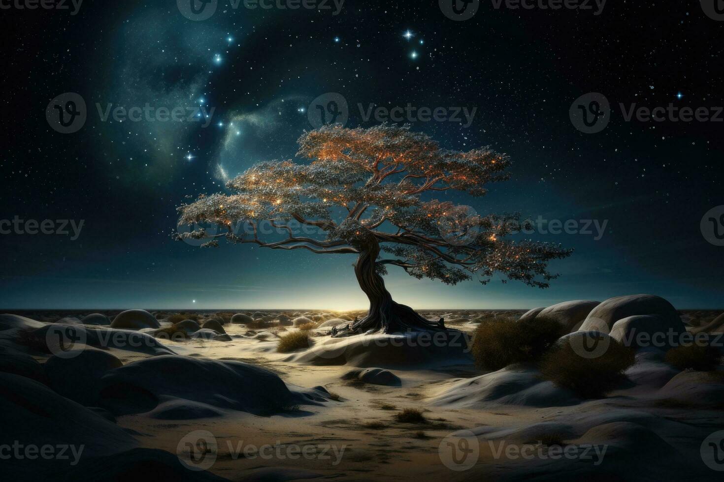einsam getrocknet Baum im Wüste Landschaft beim sternenklar Nacht. generativ ai foto