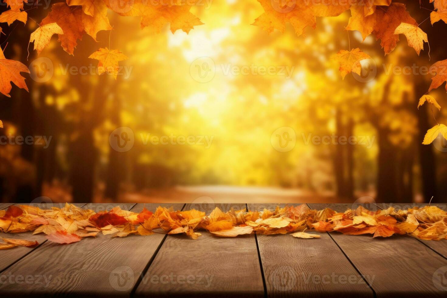 Herbst Hintergrund mit hölzern Tabelle und farbig fallen Blätter. generativ ai foto