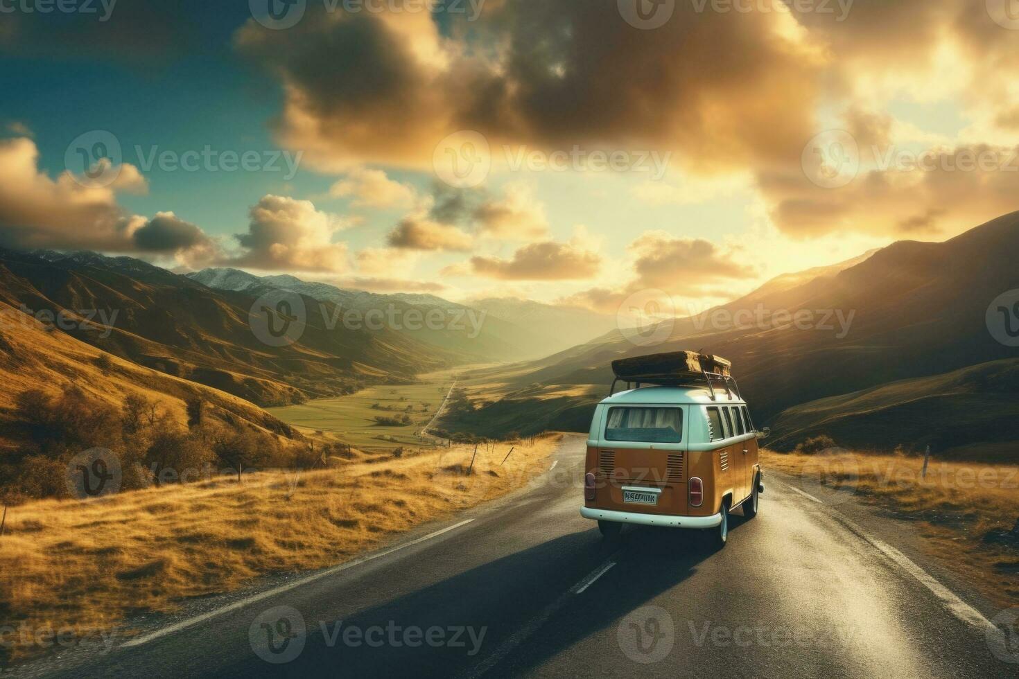 retro van im Berg Landschaft. Straße Reise. generativ ai foto