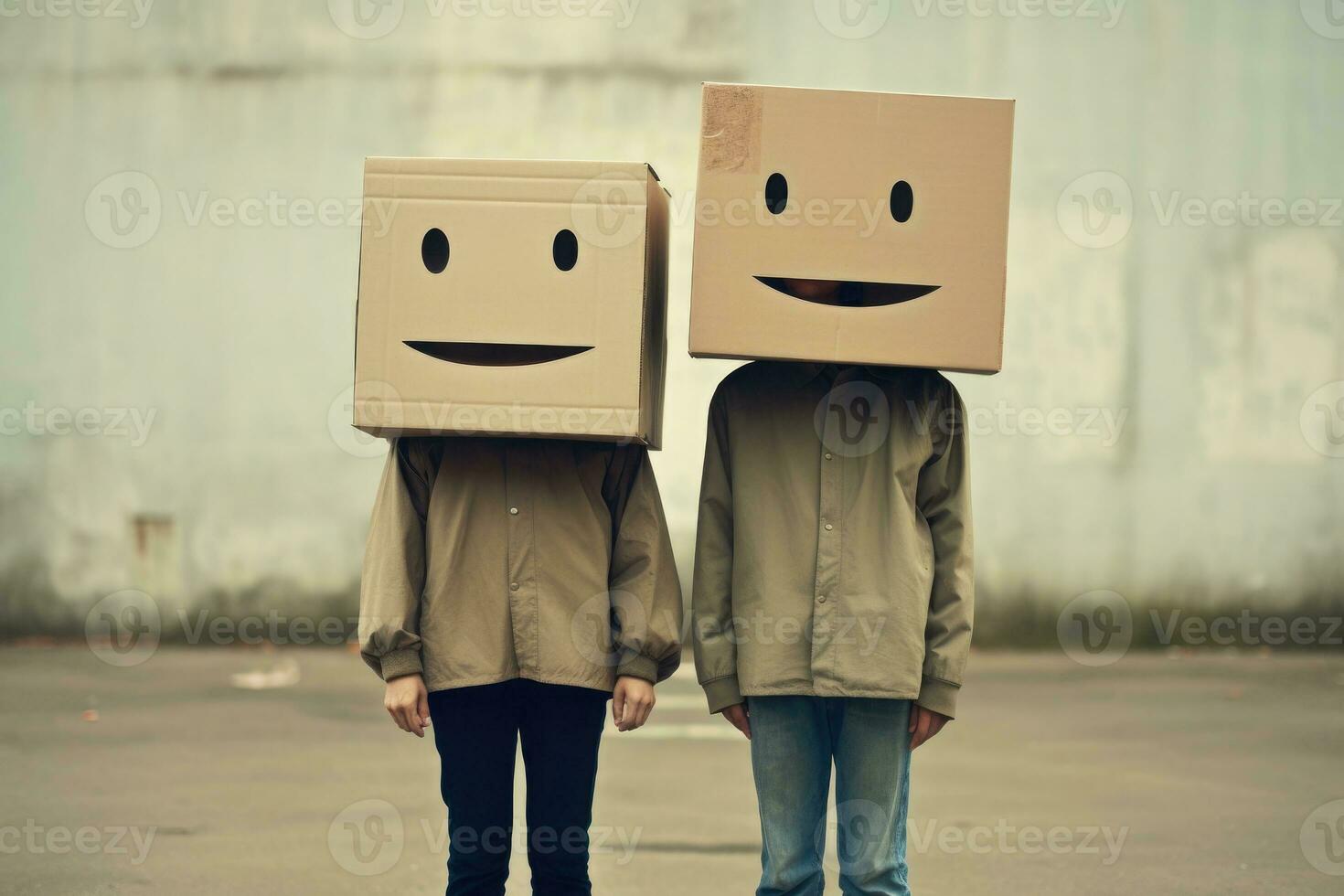 Mann und Frau mit Karton Kisten auf Kopf. generativ ai foto