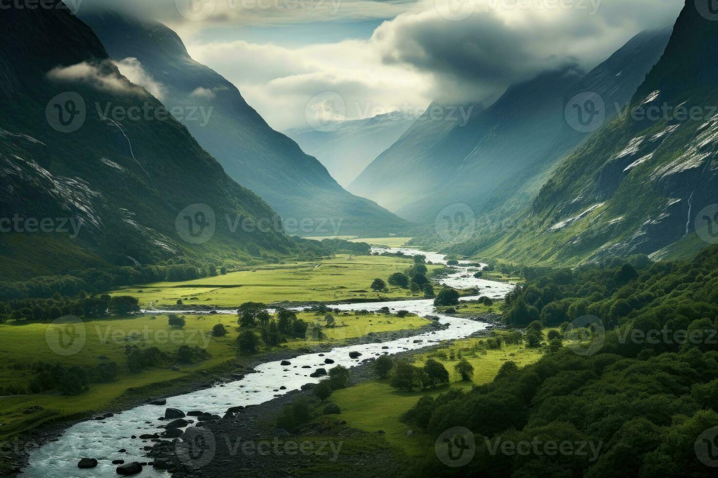 Grün Senke mit schön Aussicht auf Fluss und Berge. generativ ai foto