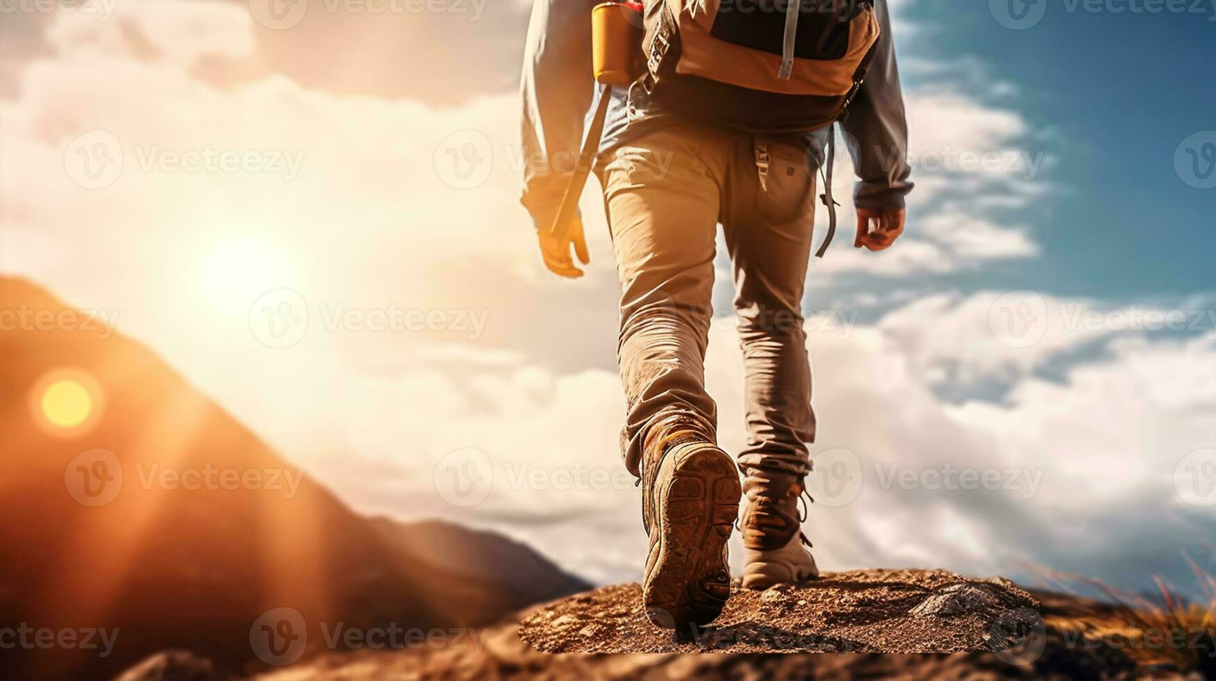 Wandern Mann mit Rucksack Wandern im das Berge. Wandern Konzept foto
