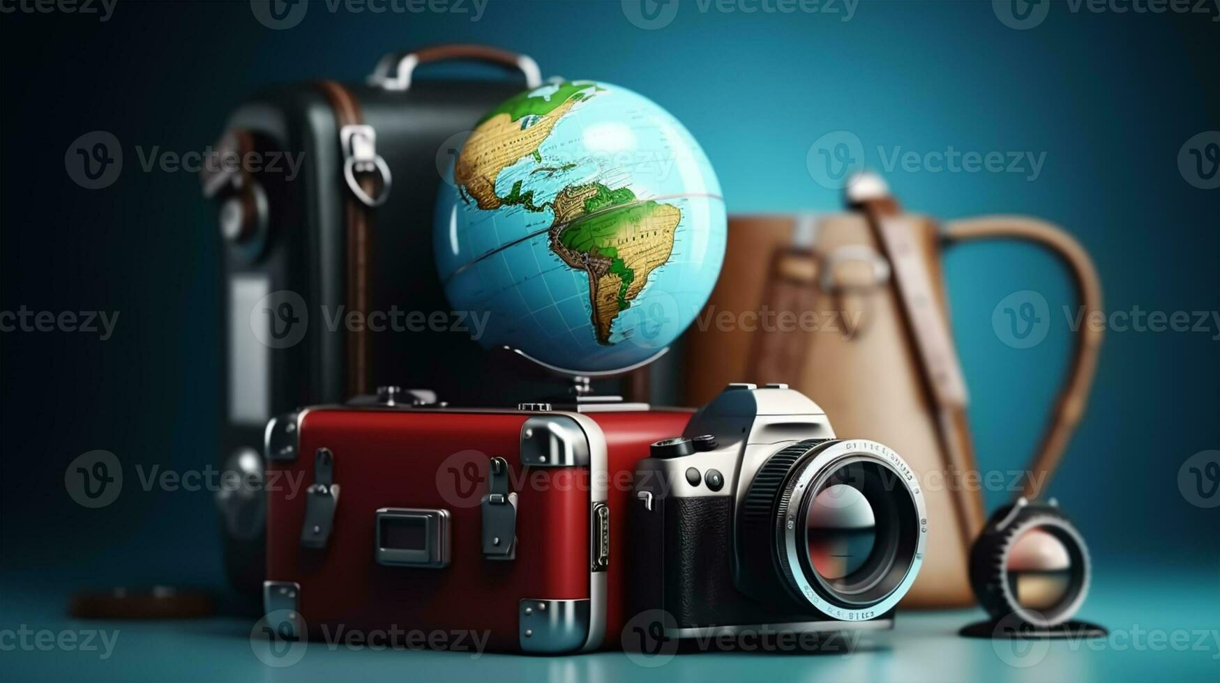 Reise und Tourismus Konzept. Gepäck, Kamera und Globus auf Blau Hintergrund foto