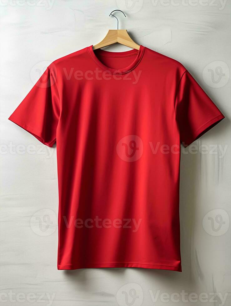 rot T-Shirt Aufhänger auf ein Weiß Hintergrund foto