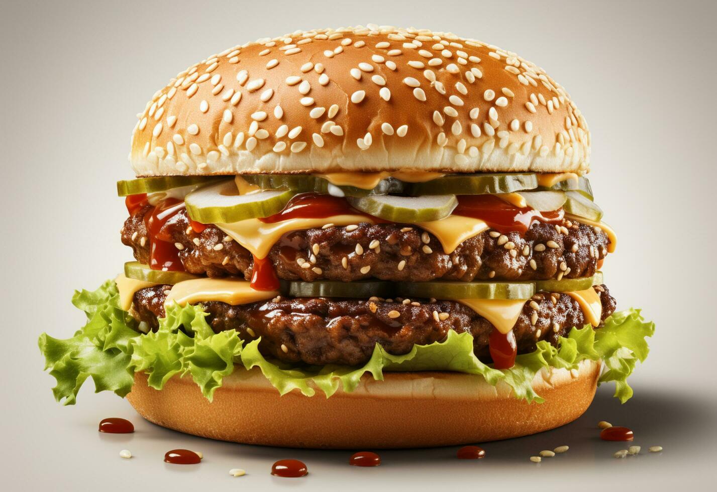 doppelt Hamburger isoliert auf Weiß Hintergrund frisch Burger schnell Essen mit Rindfleisch und Sahne Käse realistisch Bild, Ultra hd, hoch Design sehr detailliert foto