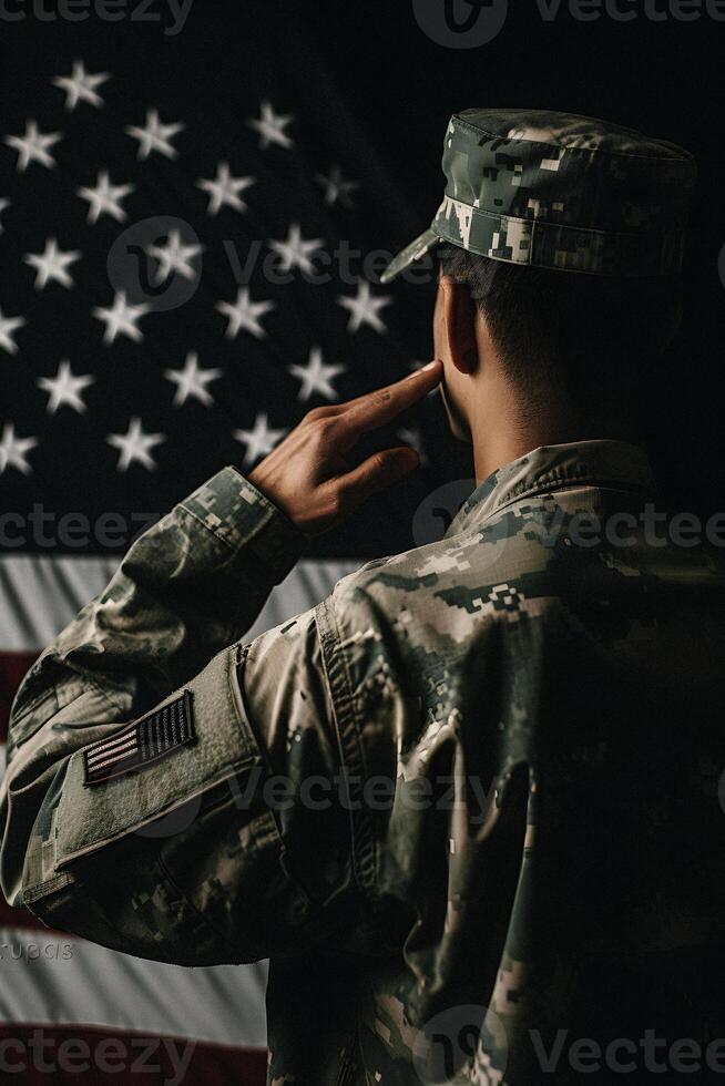 Respekt und Ehre ein fesselnd zurück Aussicht Fotografie von Militär- salutieren das USA Flagge, ein Tribut zu Patriotismus und Opfern generativ ai foto