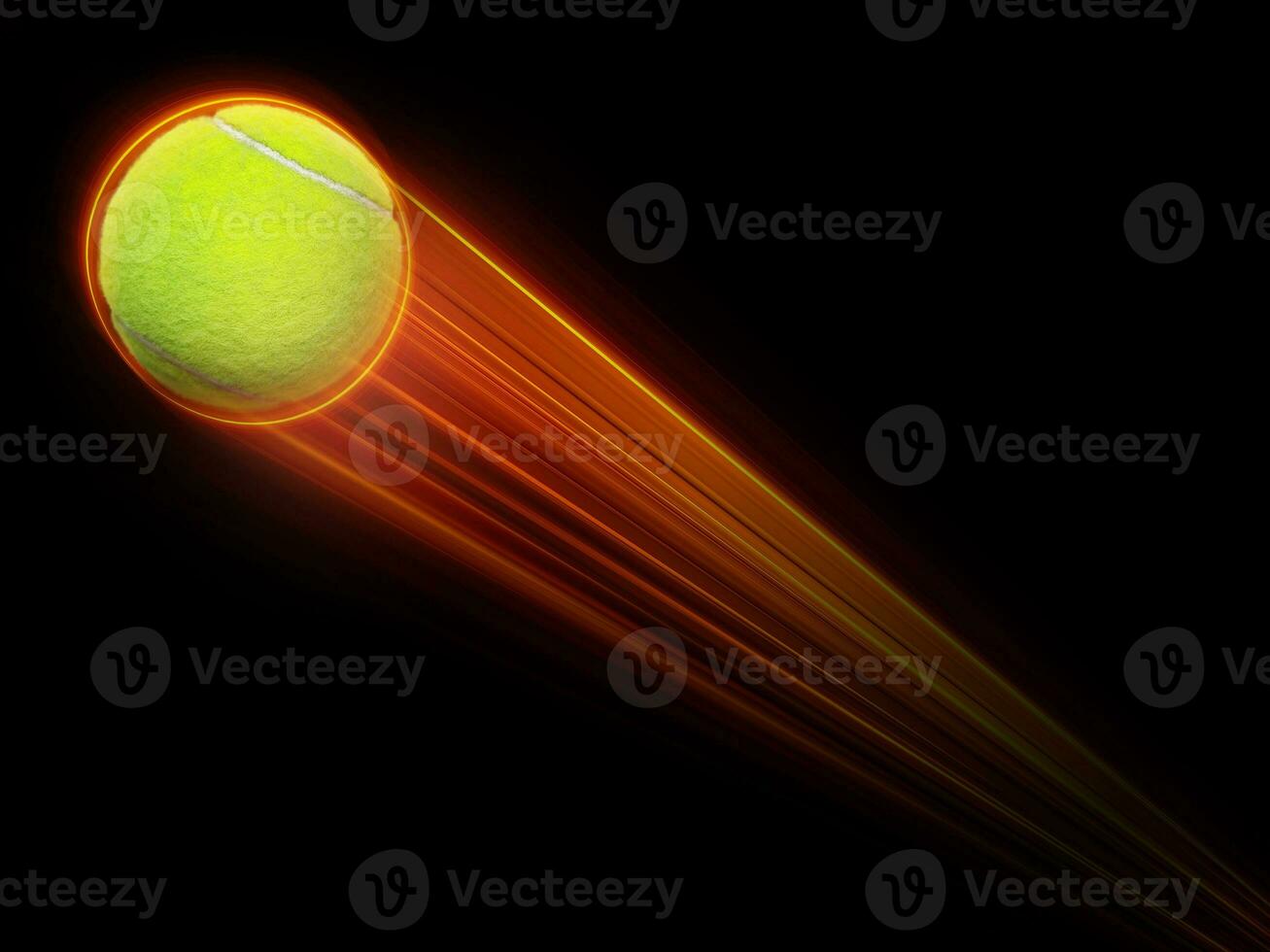 Tennis Ball fliegend mit schnell Magie bewirken im futuristisch Hi-Tech schwarz Hintergrund. foto