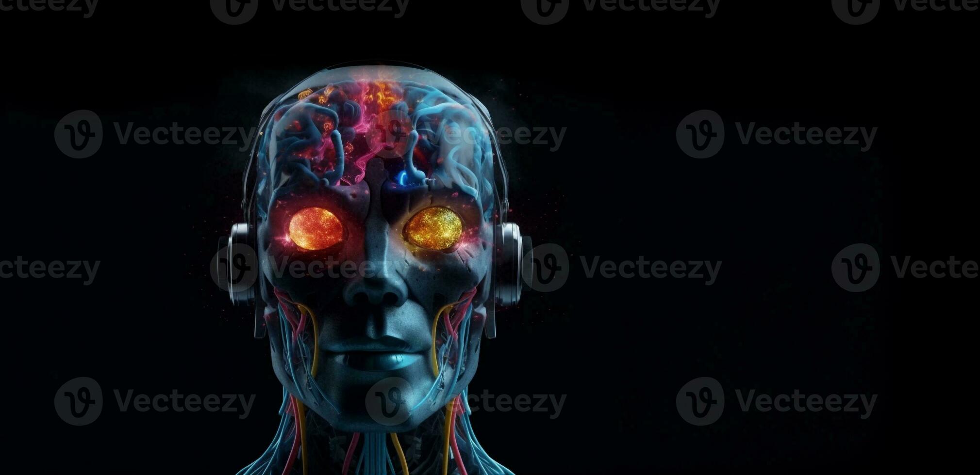 Gehirn Roboter steht animiert mit dick mehrfarbig Rauch, voll Körper, hoch Qualität Gesicht malen, mit Raum zum Text. foto