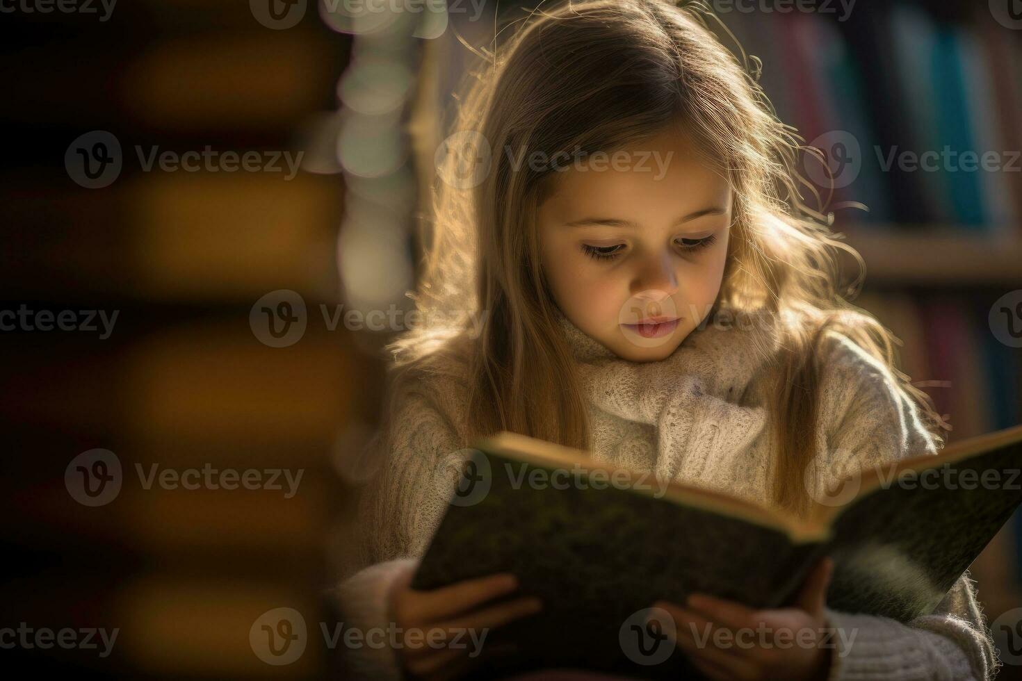 ein schließen - - oben Schuss von ein jung Schüler lesen ein Buch im ein gemütlich Bibliothek Ecke. generativ ai foto