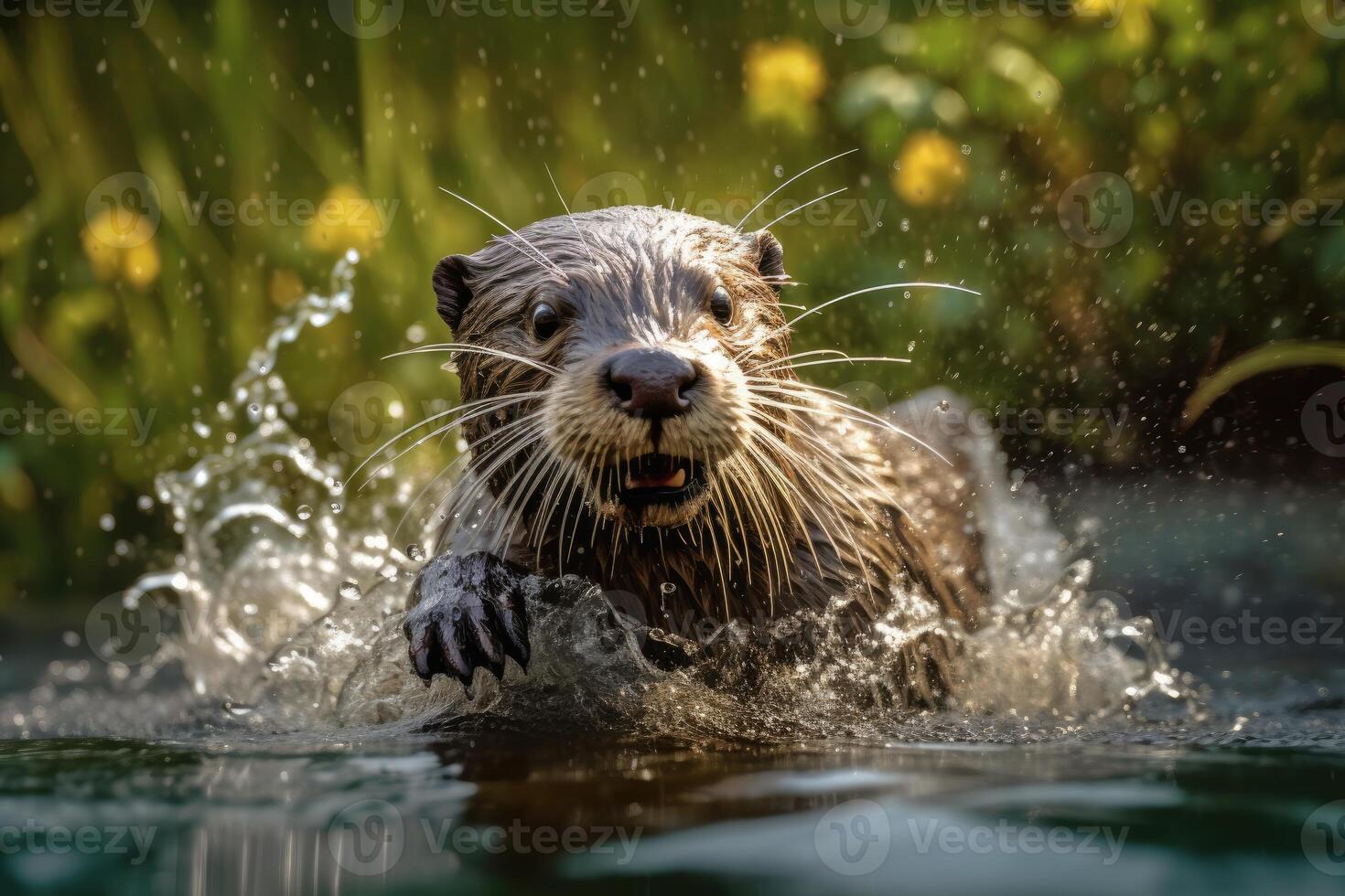 ein Nahansicht Foto von ein Otter versuchen zu machen es ist Nest im das Wasser. generativ ai