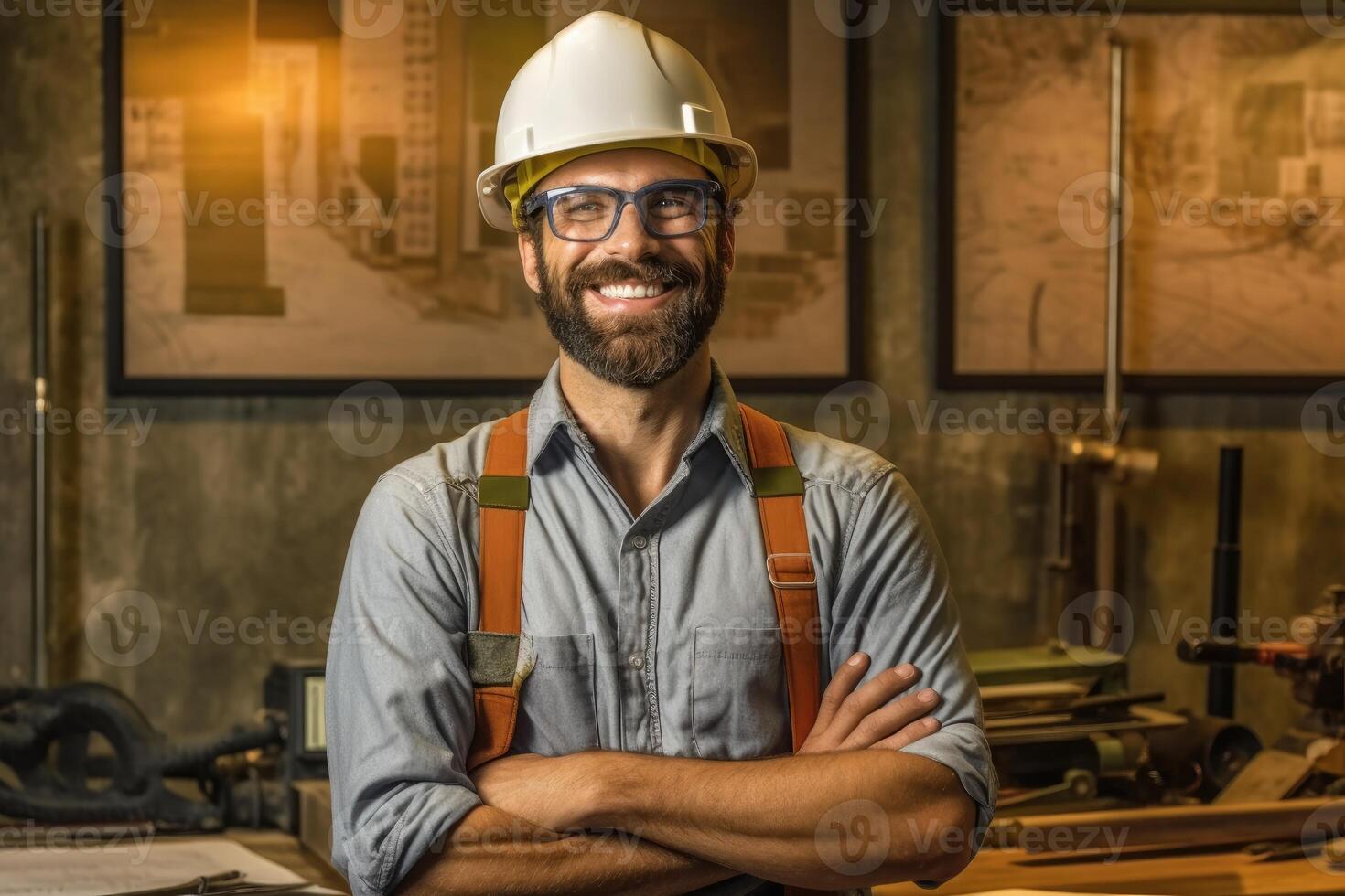 lächelnd Foto von Arbeiter Mann Innerhalb Fabrik. generativ ai