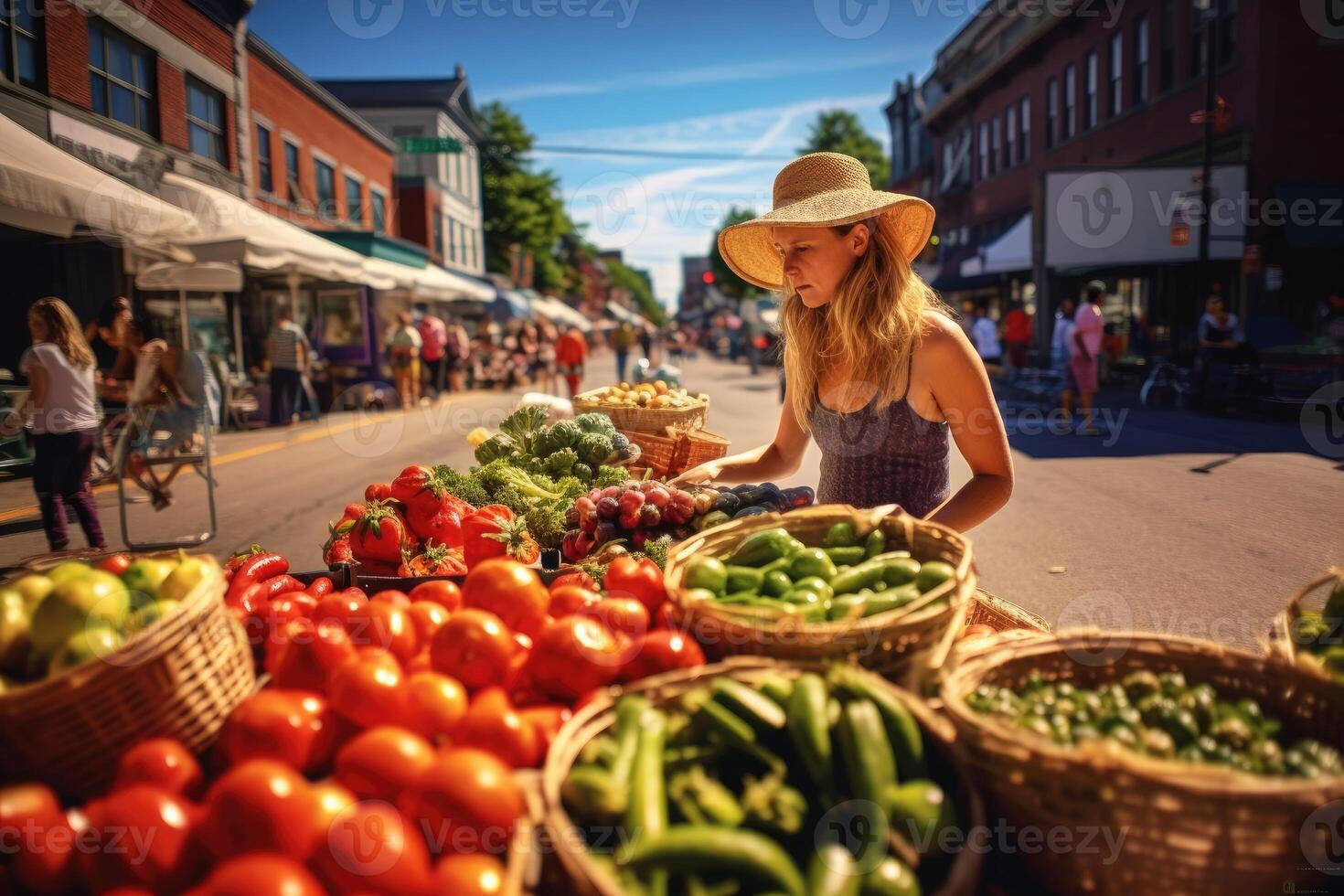 ein Käufer erkunden ein geschäftig Bauern Markt, umgeben durch frisch produzieren und lokal handwerklich Waren. generativ ai foto