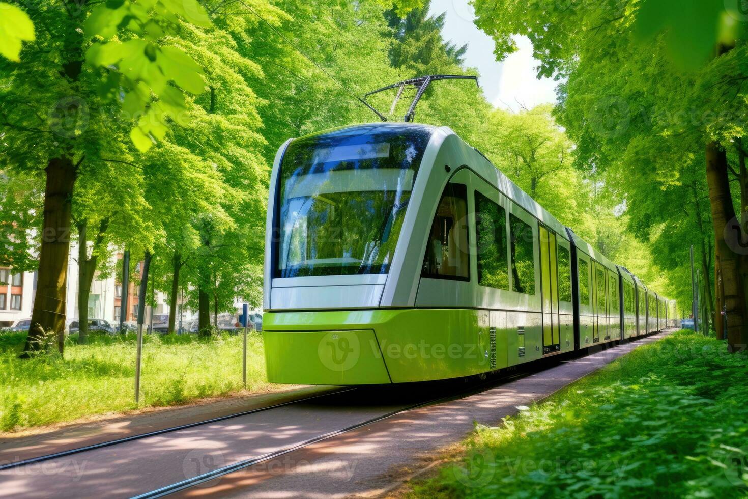 niedrig - - Winkel Schuss von ein modern elektrisch Straßenbahn Vorbeigehen von, präsentieren das Öko - - freundlich Natur von Öffentlichkeit Transport. generativ ai foto