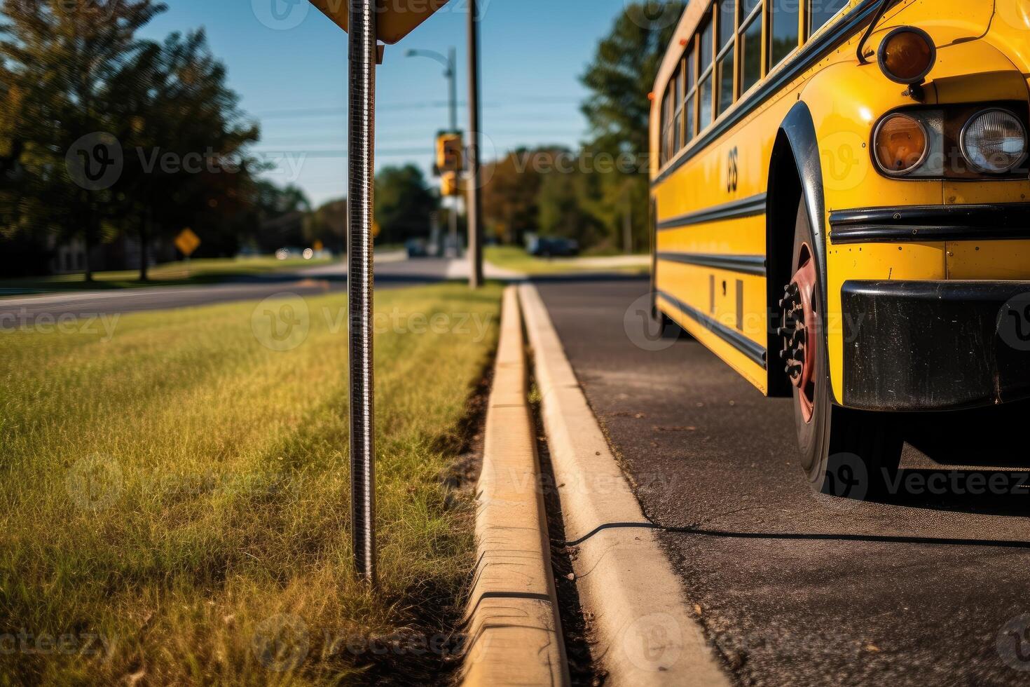 ein breit - - Winkel Schuss von ein Schule Bus halt Zeichen mit ein leeren Bürgersteig im das Hintergrund. generativ ai foto