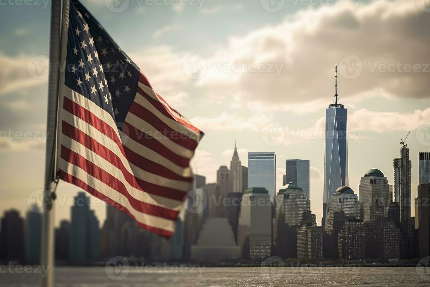 ein schließen - - oben Schuss von ein amerikanisch Flagge sanft winken im das Vordergrund, mit das ikonisch Neu York Stadt Horizont wie ein atemberaubend Hintergrund. generativ ai foto