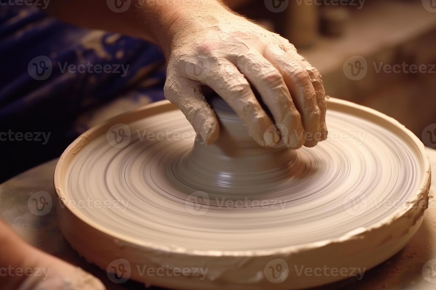 ein oben - - Aussicht Foto von ein Töpfer Rad im Bewegung, präsentieren das Spinnen Bewegung und das erfahren Hände von das Töpfer. generativ ai