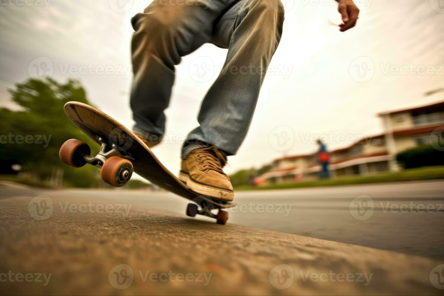 das Energie und Sportlichkeit von ein Skateboardfahrer im ein schließen - - oben Schuss. generativ ai foto