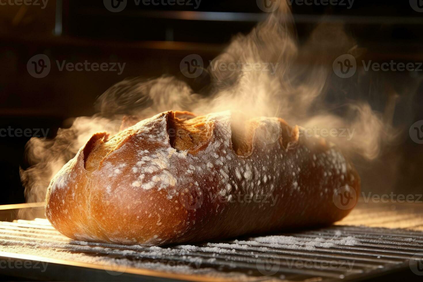 ein schließen - - oben von ein Laib von Brot gerade genommen aus von das Ofen. generativ ai foto