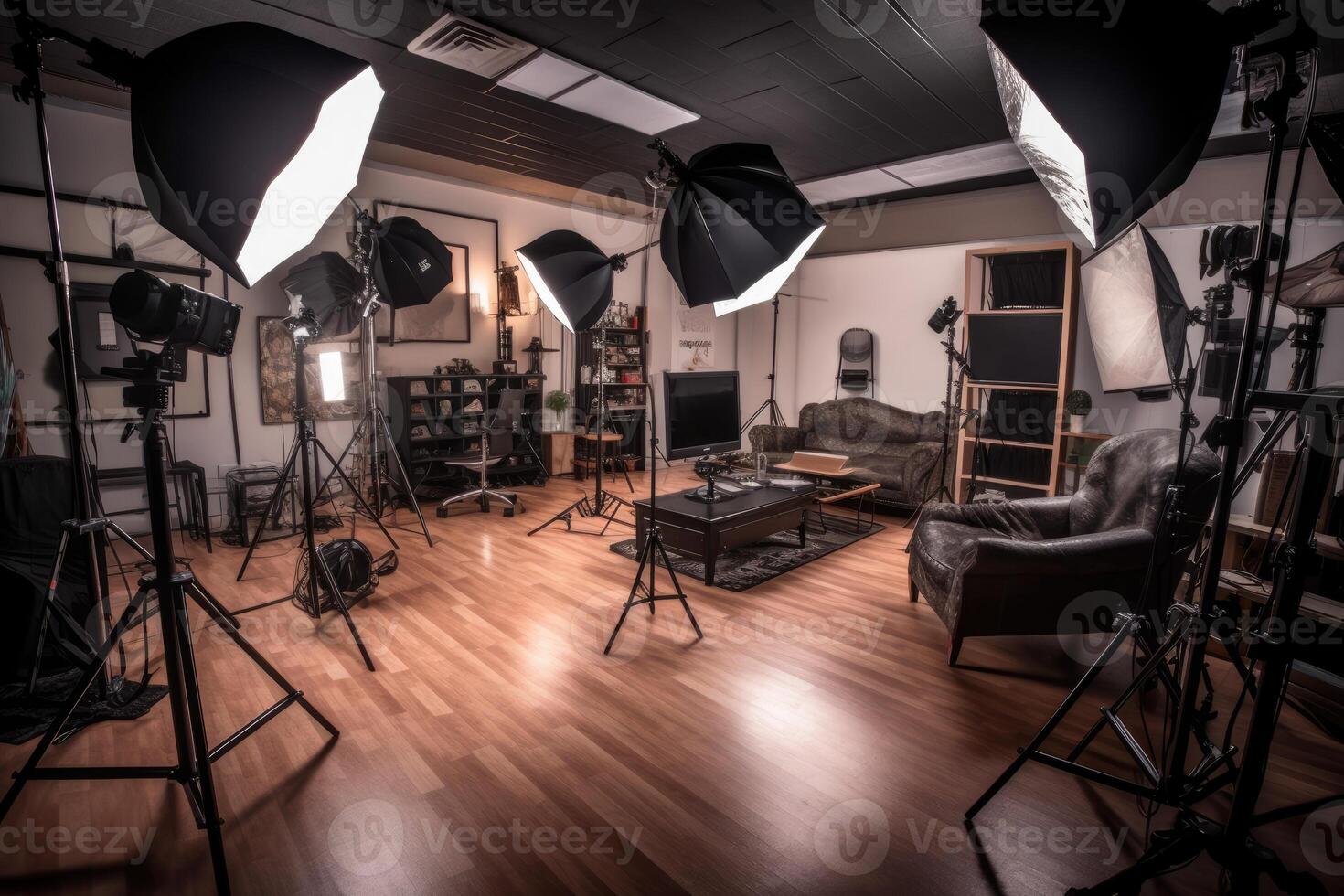 ein schließen - - oben Aussicht von ein modern Foto Studio, präsentieren das Fachmann Ausrüstung und aufstellen. generativ ai