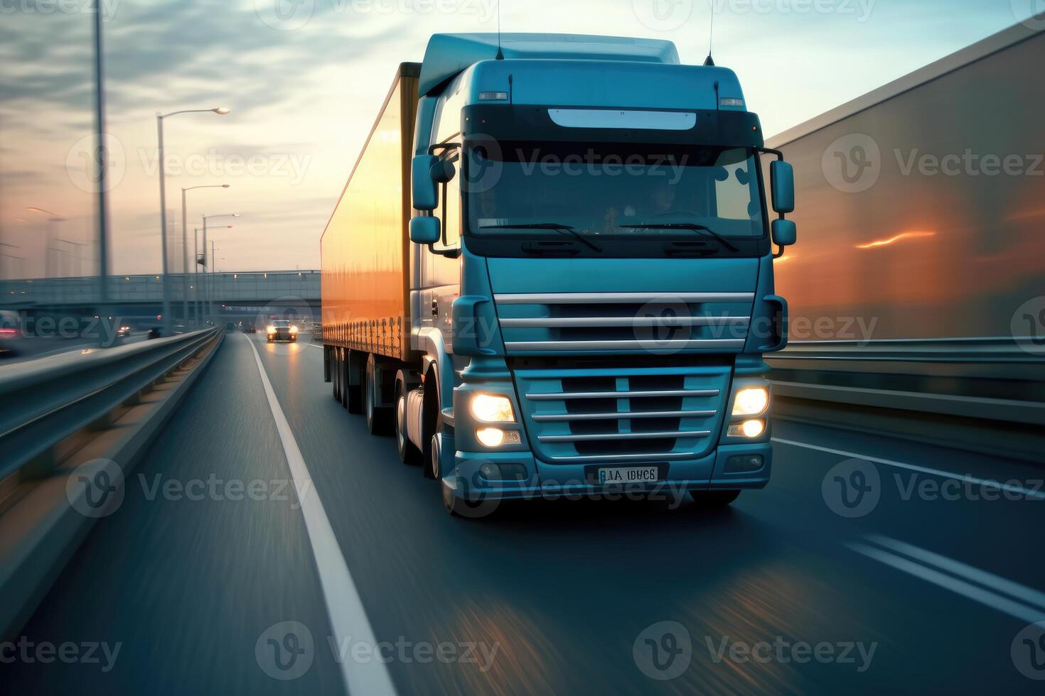 ein schließen - - oben Foto von ein modern LKW im Bewegung auf ein leeren Autobahn. generativ ai