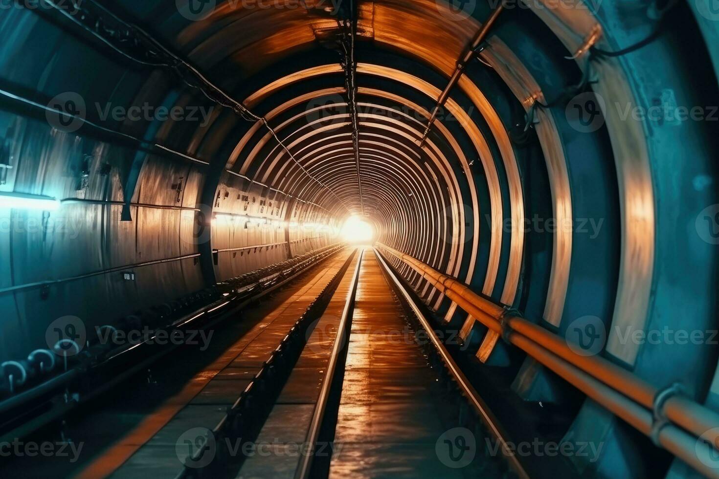 das städtisch unter Tage Infrastruktur durch nehmen ein schließen - - oben Aussicht von ein runden U-Bahn Tunnel mit Schläuche. generativ ai foto