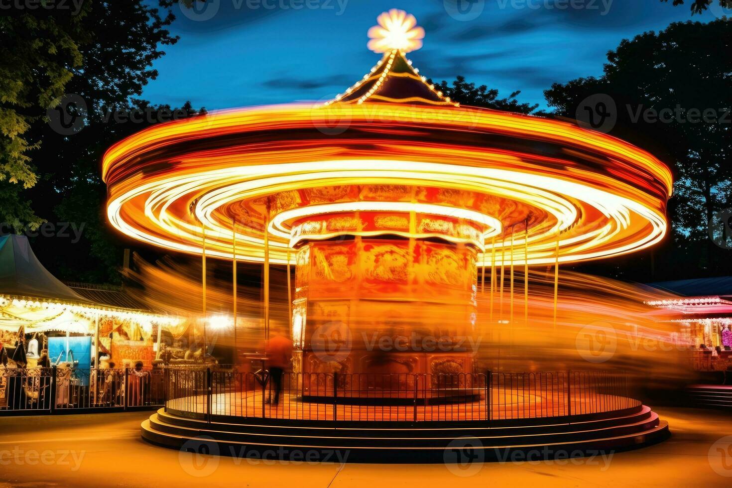 ein traditionell Karussell im Bewegung, ein Klammer Sicht beim Oktoberfest. generativ ai foto