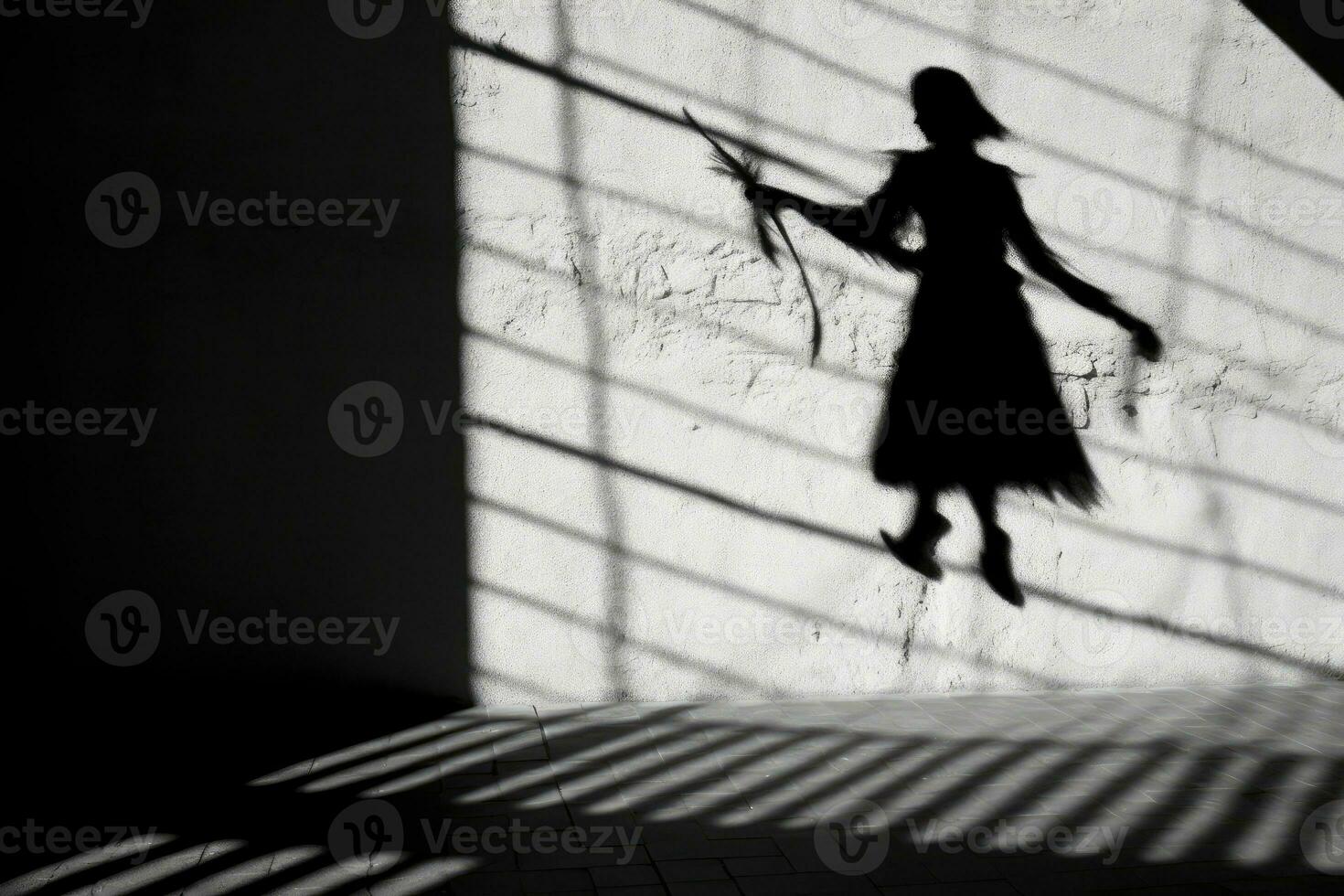 ein Hexe Silhouette Sein Besetzung auf ein Wand, mit das prominent Schatten von ein Besenstiel vorschlagen Flug. generativ ai foto