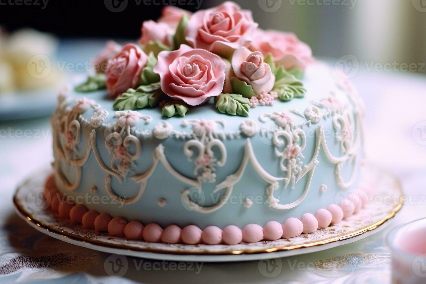 ein schön dekoriert Kuchen, es ist Glasur im Schatten von Baby Blau und Rosa. generativ ai foto