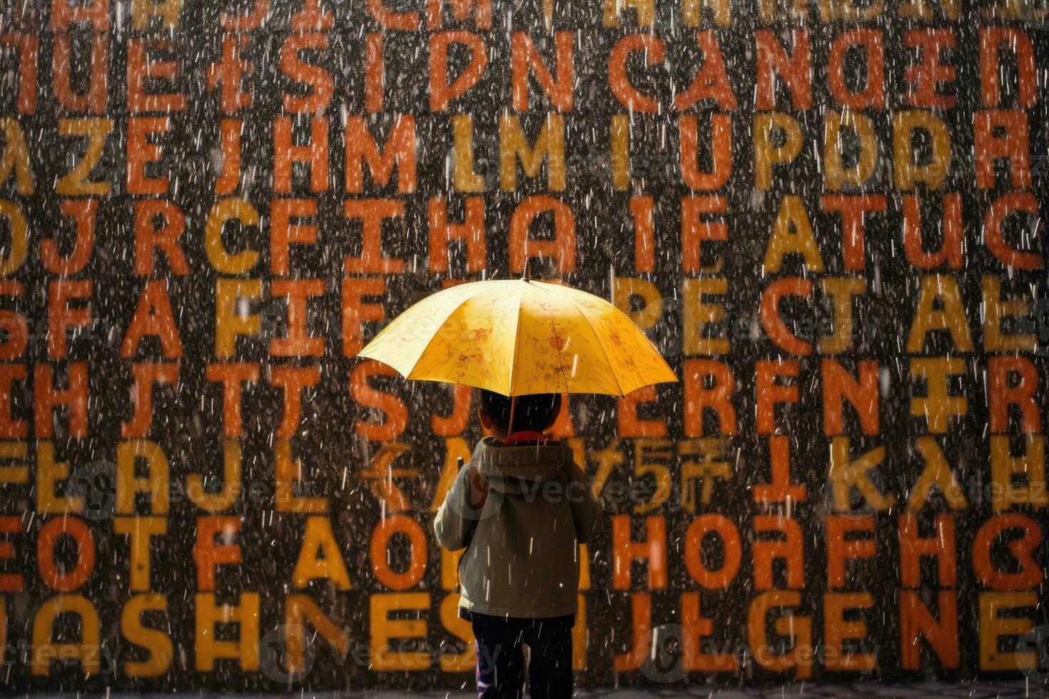 ein Kind halten ein Regenschirm unter ein Regen von Alphabete, symbolisieren das Dusche von Wissen. generativ ai foto