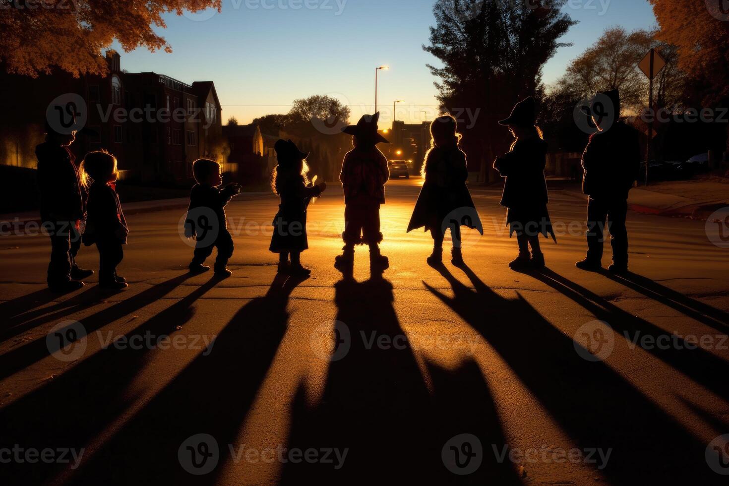 das Silhouetten von Kinder im verschiedene Kostüme paradieren auf das Straße. generativ ai foto