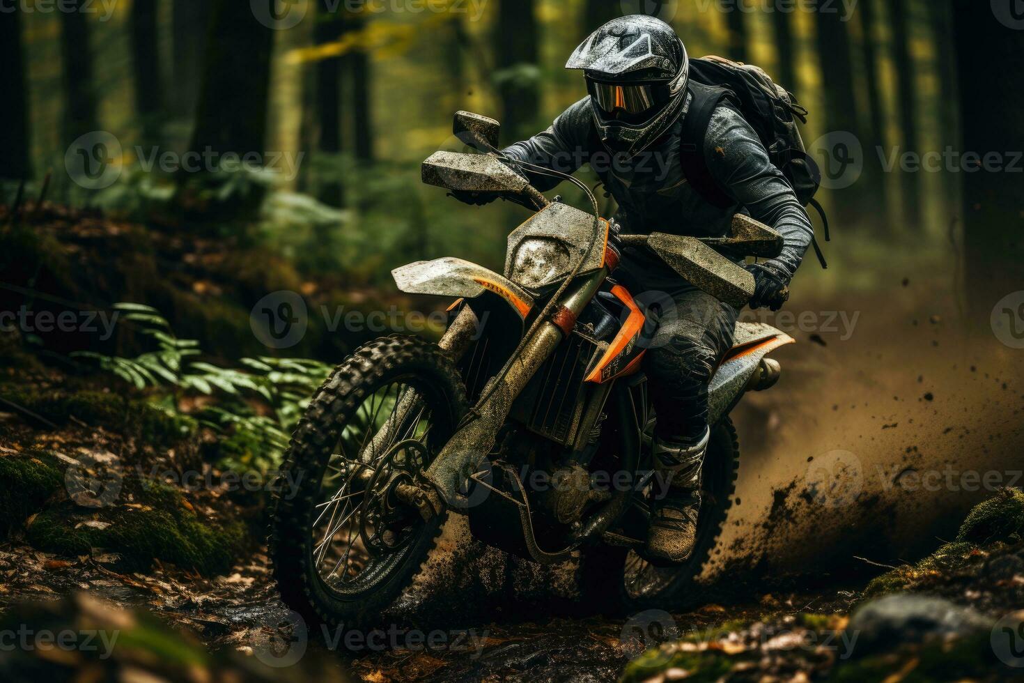Wald Weg - - ein dynamisch Aktion Schuss von hinter von ein Motorrad Fahrer navigieren durch ein dicht Wald Pfad. generativ ai foto