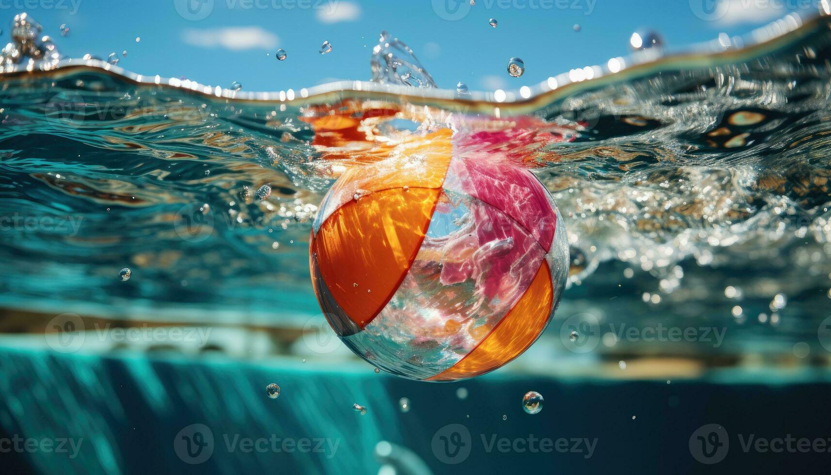beschwingt Sommer- - - Strand Ball hüpfen auf Schwimmbad Wasser während Party. generativ ai foto