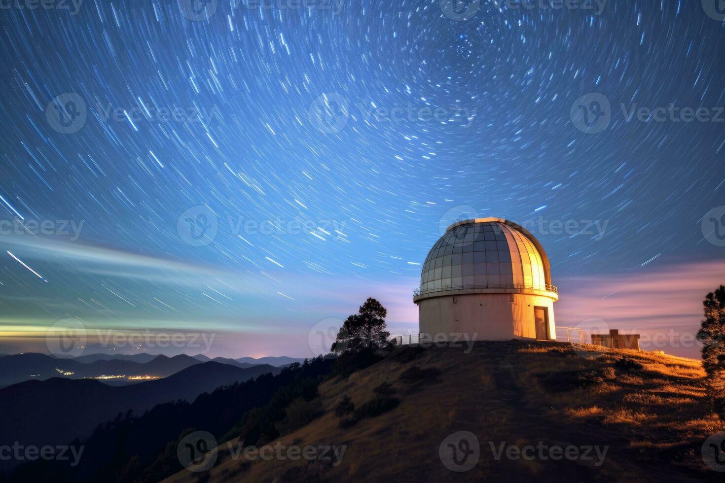 hoch im das Berge, ein Observatorium Kuppel steht gegen ein sternenklar Nacht Himmel. generativ ai foto