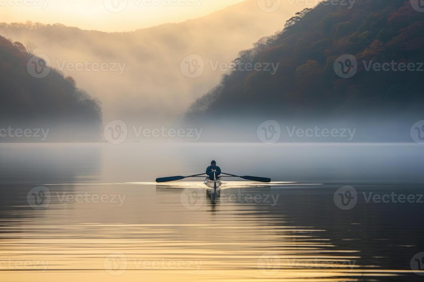 auf ein ruhig, nebelig Morgen, ein Fischer Abgüsse seine Netz auf ein heiter See. generativ ai foto