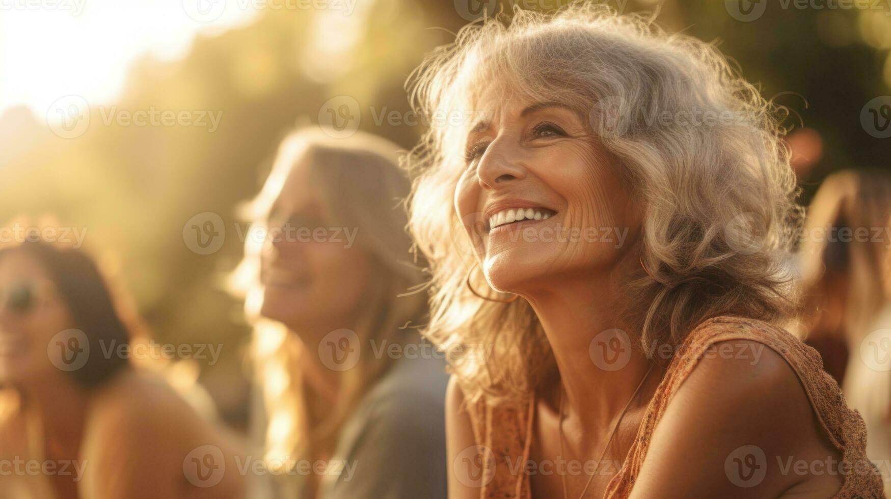 reifen alt Frauen freunde Stehen im das Garten foto