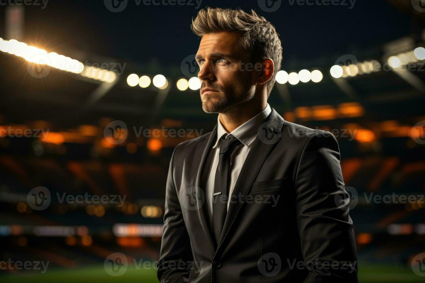 ein Bild von ein Geschäftsmann Stehen selbstbewusst im ein Flutlicht Stadion. generativ ai foto