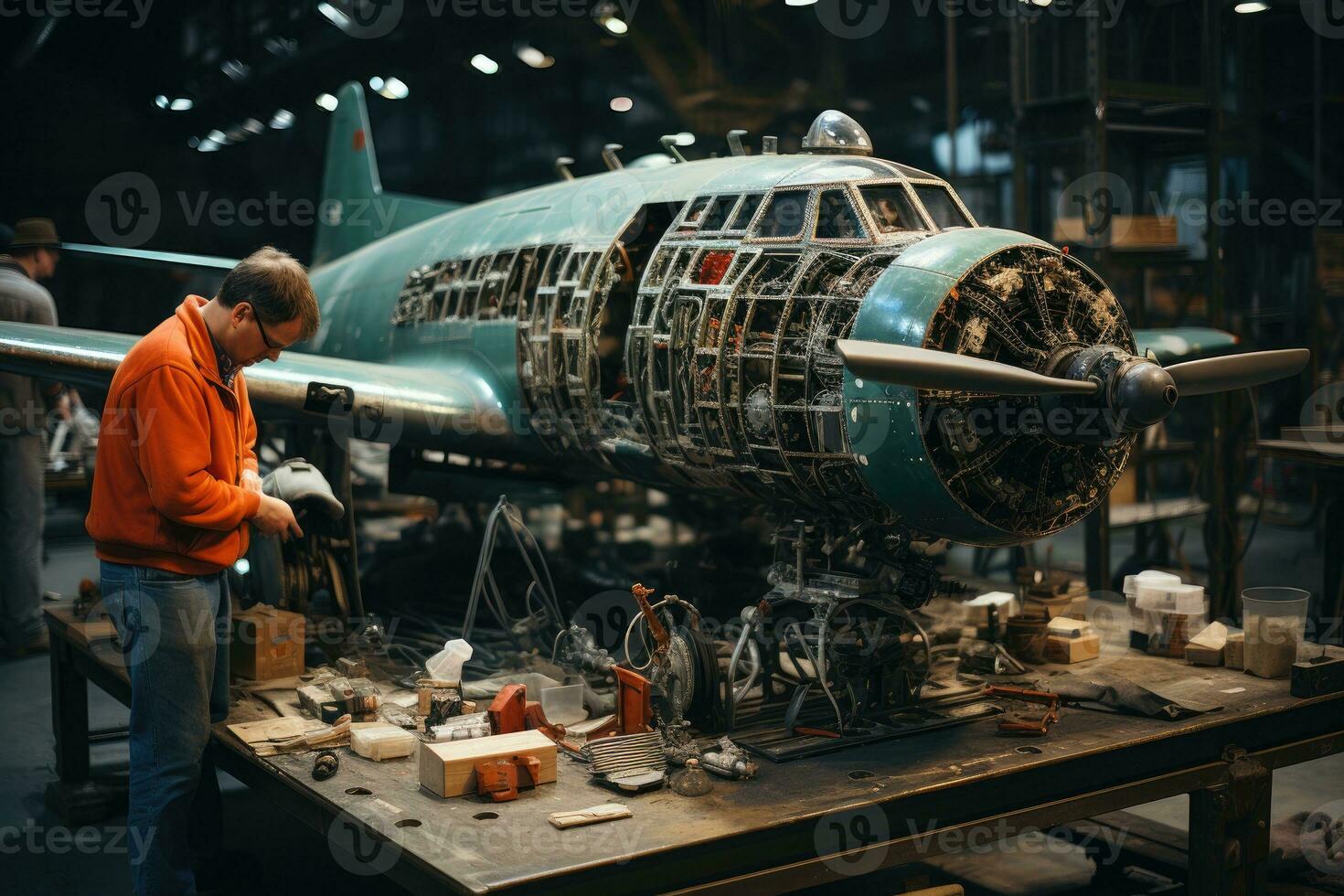 Ingenieure Arbeiten auf ein Jahrgang Flugzeug darstellen unerbittlich Innovation und zeitlos Flug locken. generativ ai. foto