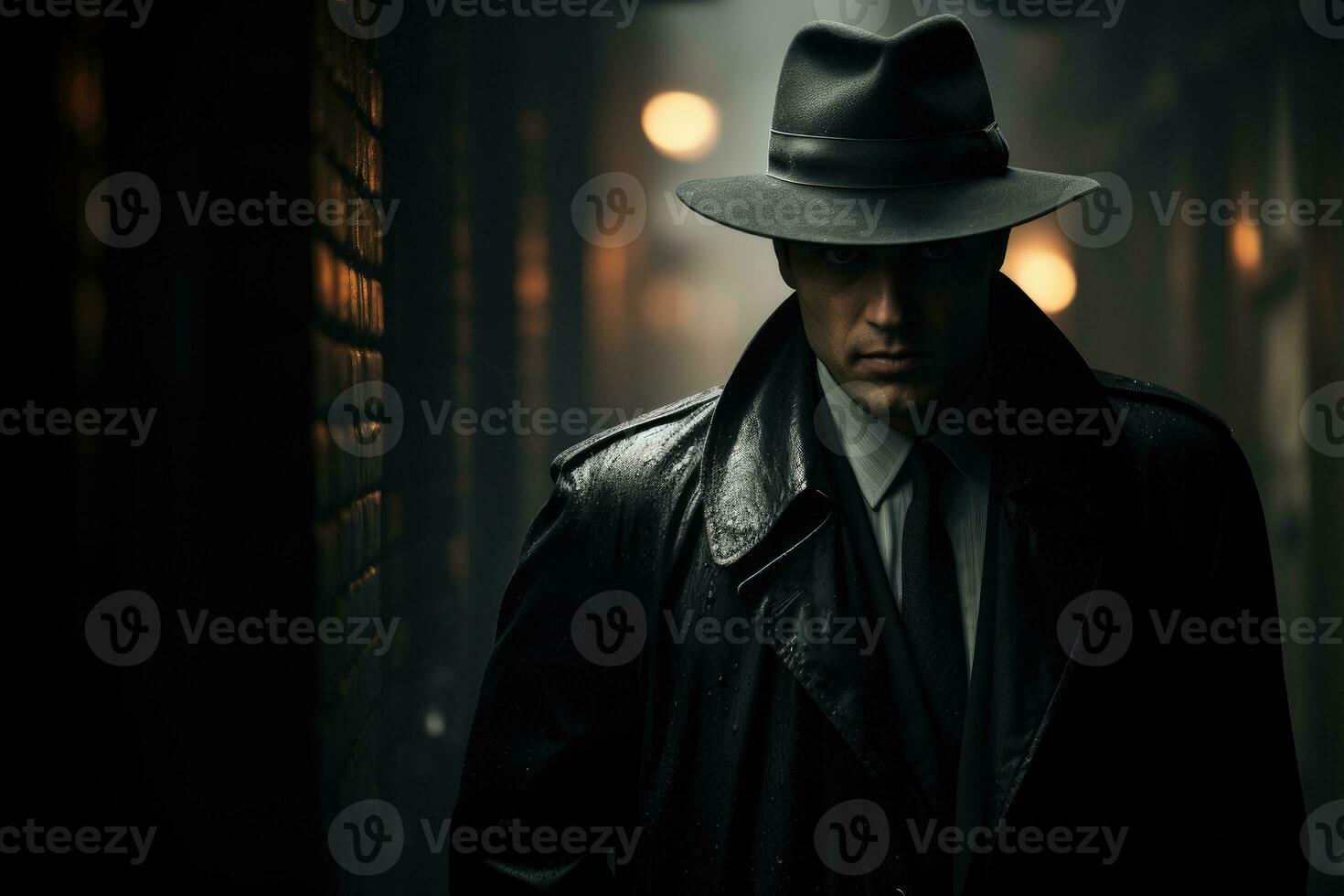ein Detektiv steht unter ein dim Straße Lampe auf regendurchnässt Straßen. generativ ai foto