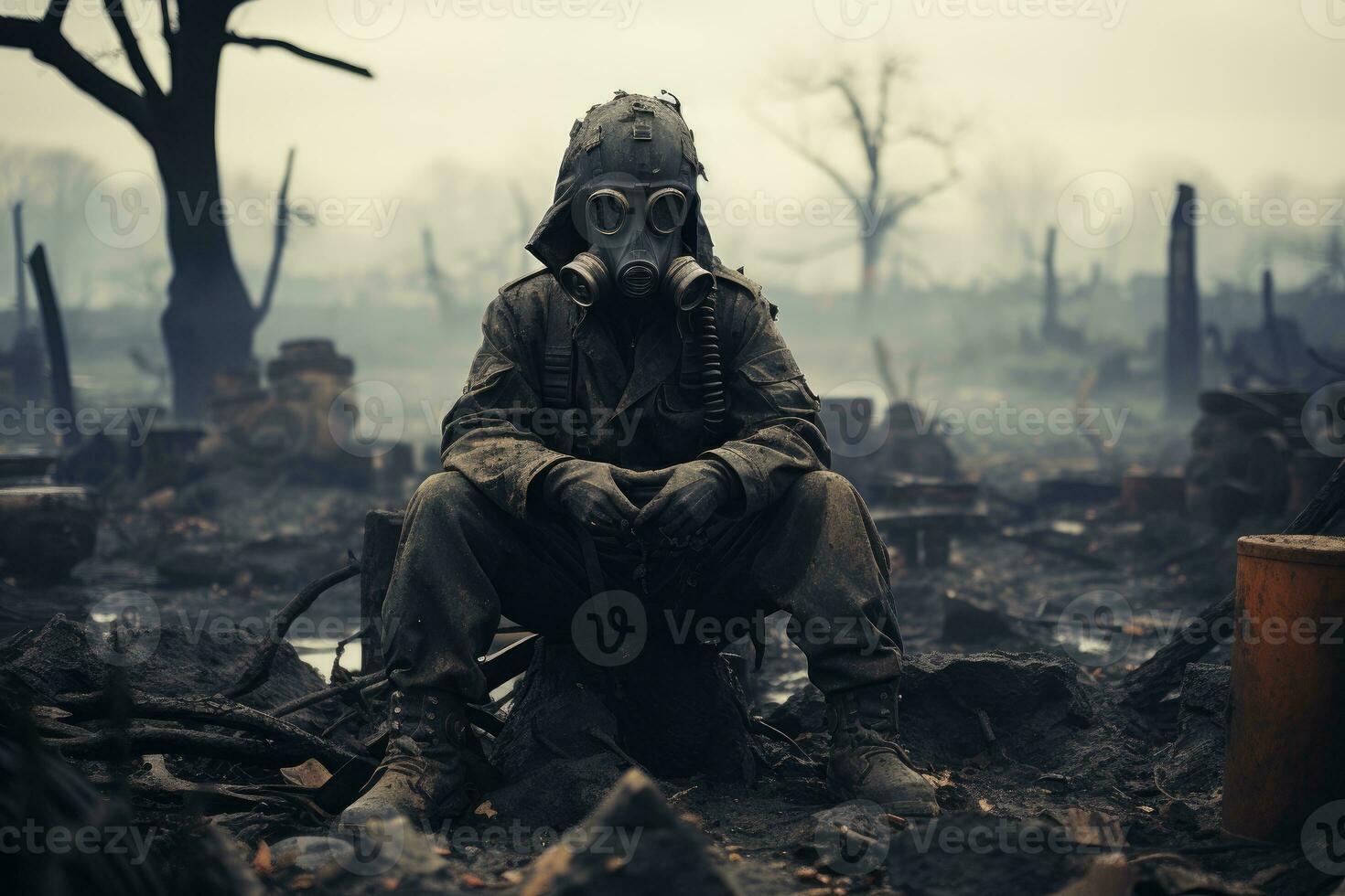 ein Soldat starrt beim ein bombardiert Schlachtfeld. nuklear Krieg. generativ ai foto