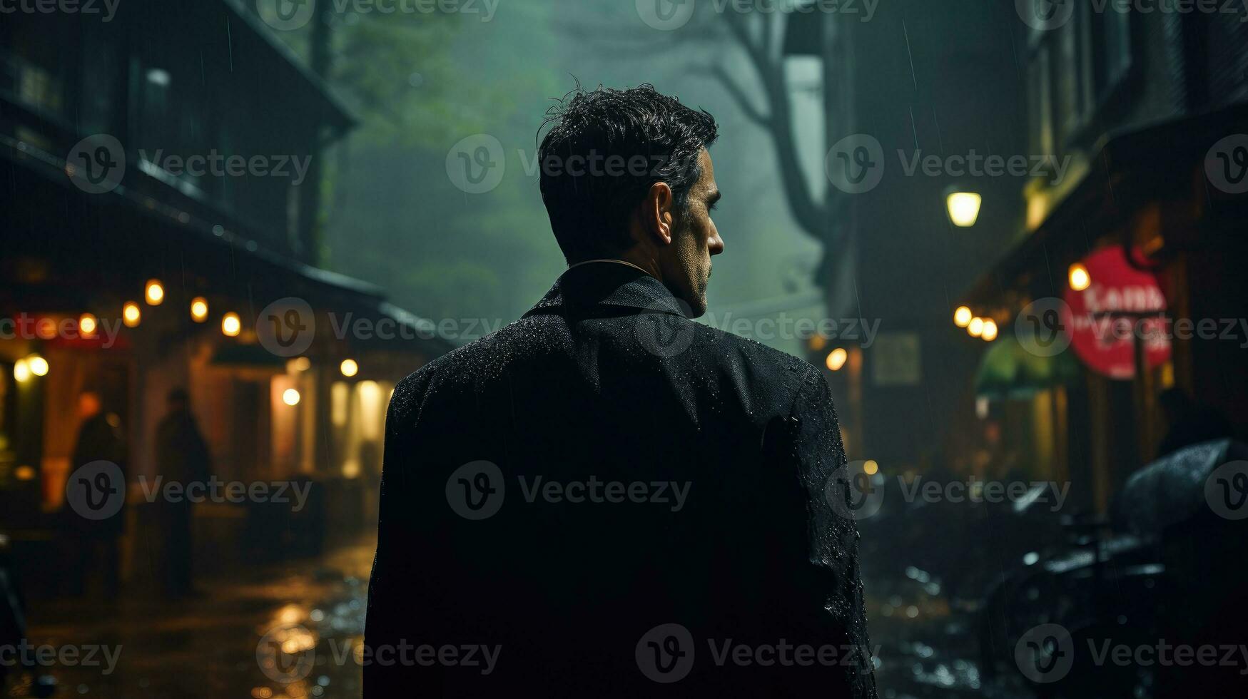 ein Italienisch Undercover Agent tragen ein schwarz Smoking und Graben Mantel tritt ein ein dunkel und gefährlich aussehend Gasse. foto