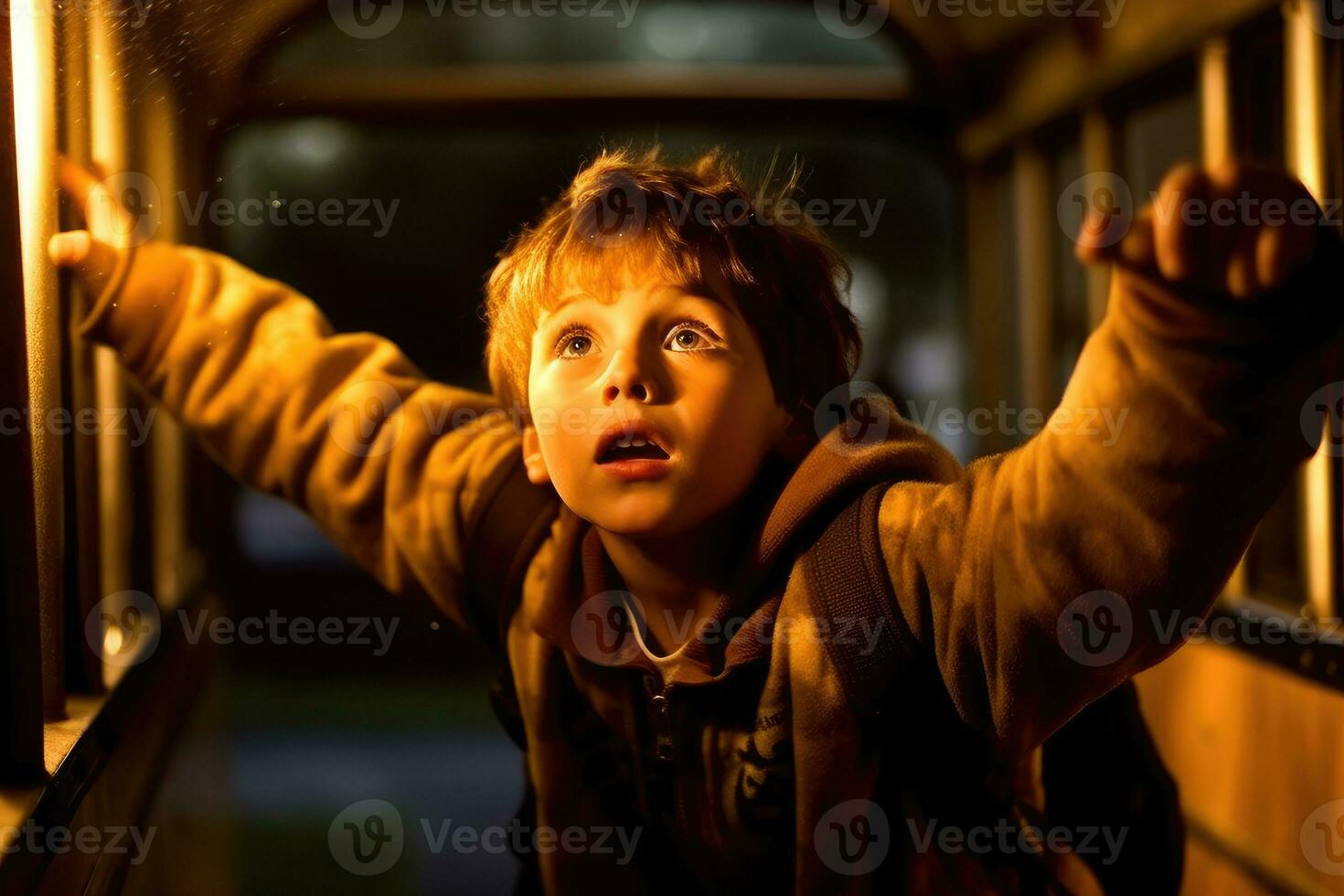 ein niedrig Winkel Schuss von ein Junge eifrig Klettern auf zu ein Schule Bus. generativ ai foto