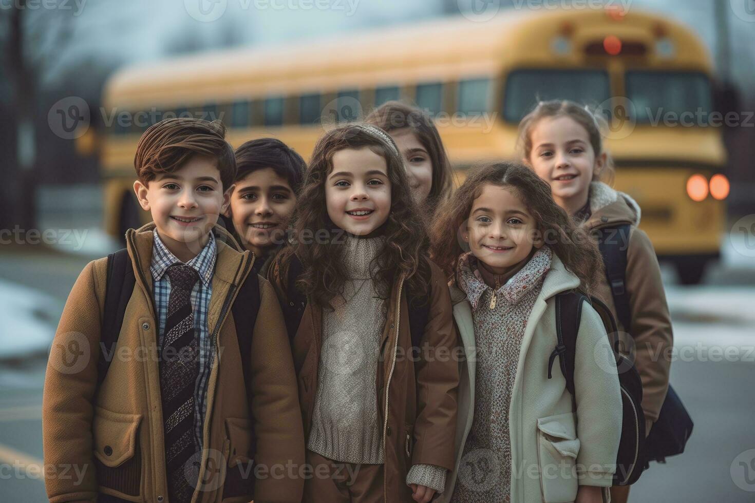 ein Gruppe von Kinder warten beim ein Schule Bus stoppen. generativ ai foto