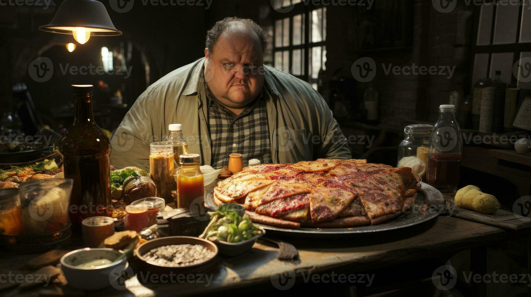 allein mit das Feind - - Fettleibigkeit abgebildet durch ein symbolisch Single Scheibe von Pizza. generativ ai foto