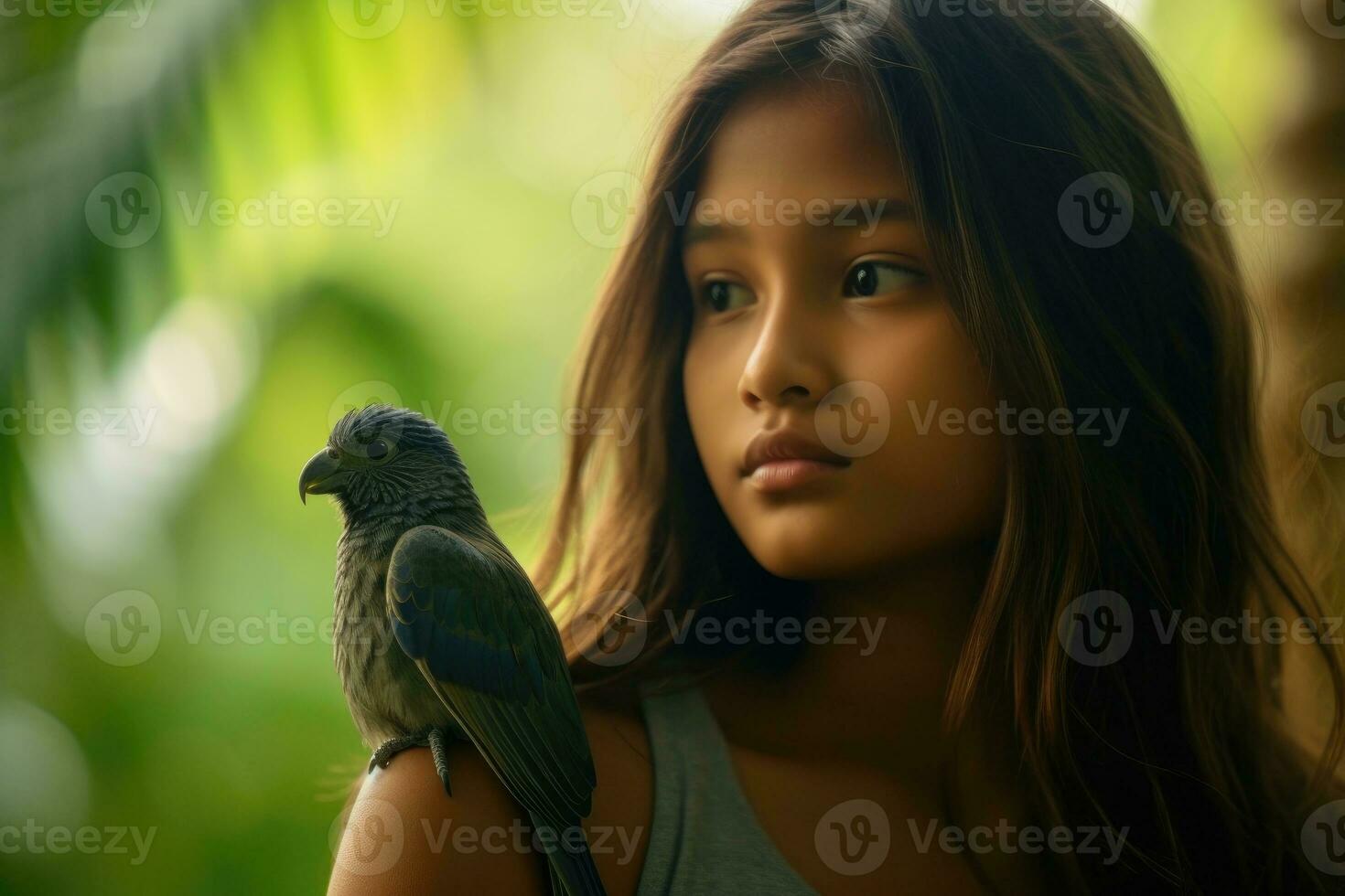 ein schließen - - oben von ein Mädchen, ihr Vogel thront auf ihr Schulter. generativ ai foto