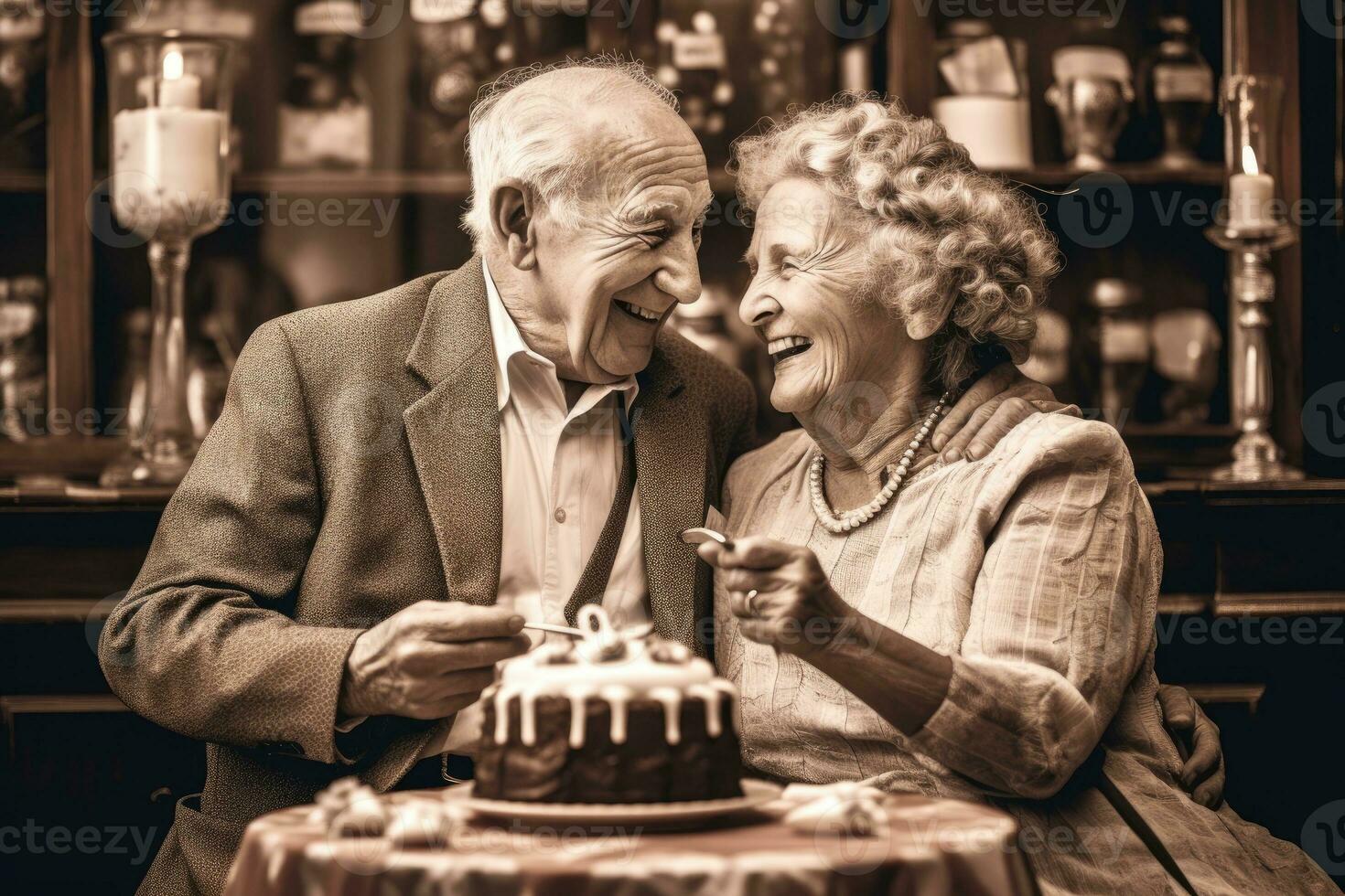 ein retro - - gestylt fotografieren von ein älter Paar feiern ein Geburtstag. generativ ai foto