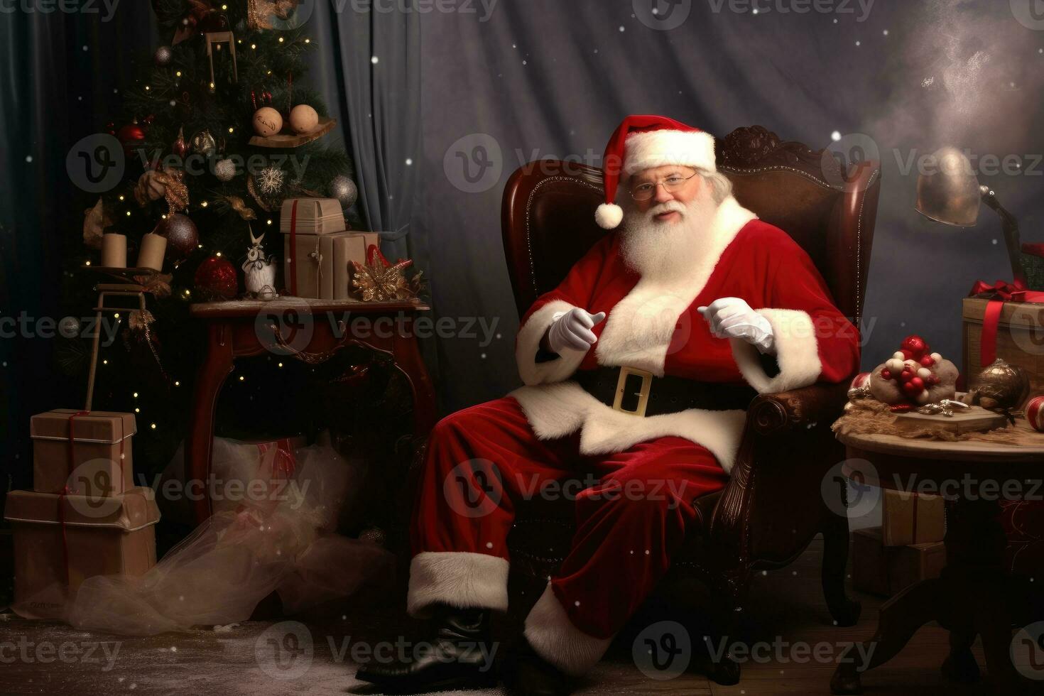 Foto von ein lustig Mann gekleidet wie Santa claus im ein festlich Studio. generativ ai