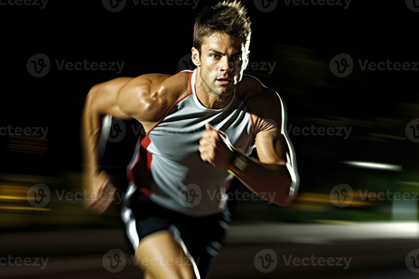 das Beweglichkeit und Geschwindigkeit von ein männlich Athlet wie er engagiert im ein Sprinten Session auf das Schiene. generativ ai foto