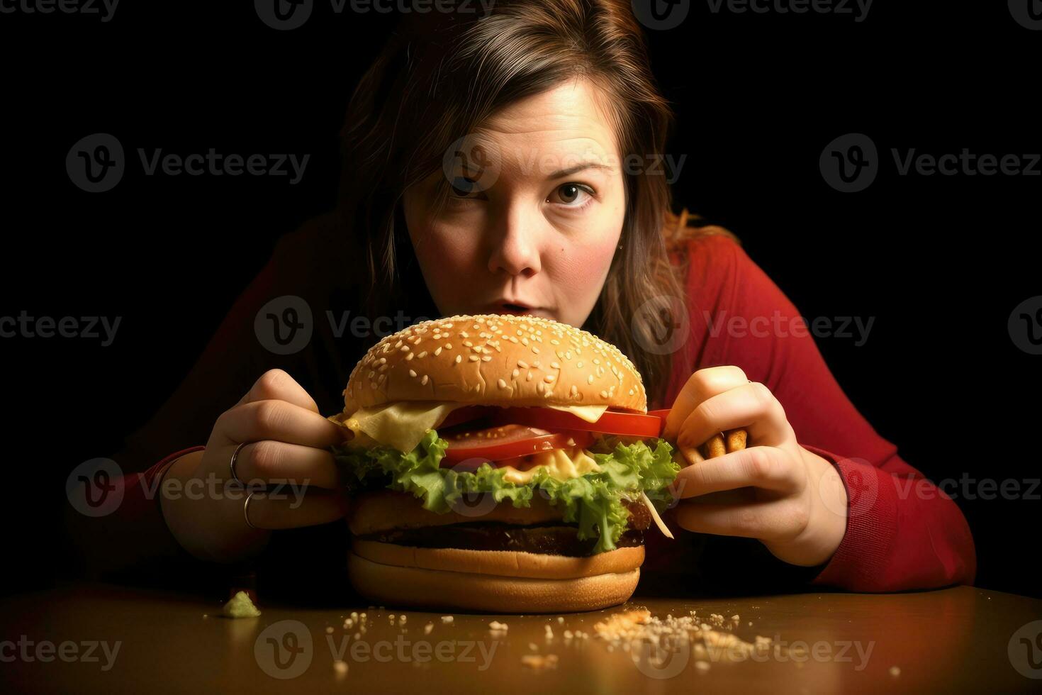 ein groß Hamburger und ein Übergewicht Frau. Bewusstsein von Fettleibigkeit wie ein Ergebnis von ungesund Essen Gewohnheiten und schnell Essen Verbrauch. generativ ai foto